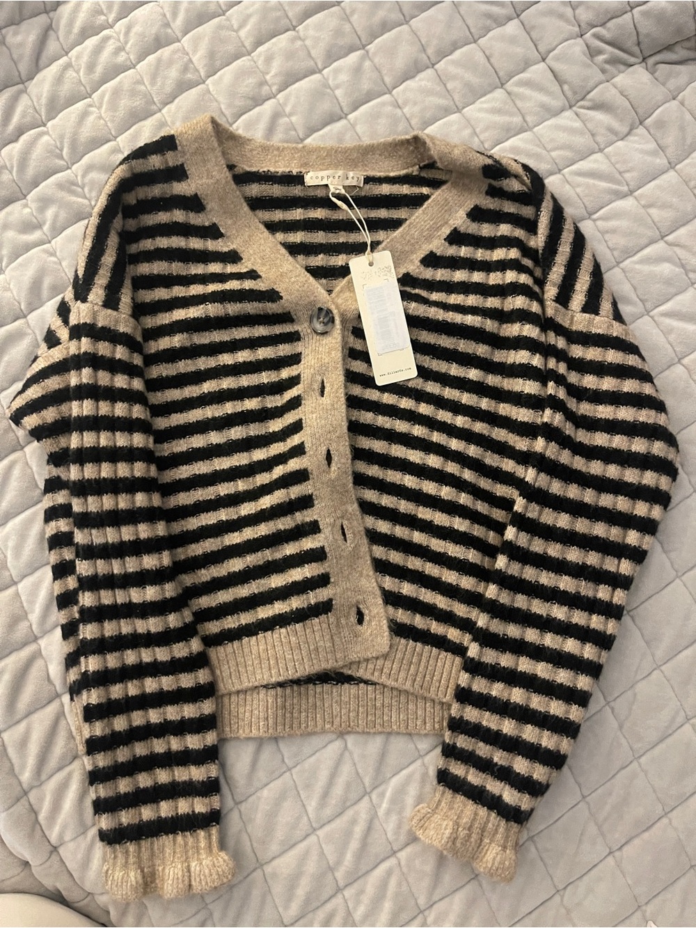 Copper Key - Cozy Striped V-Neck Cardigan Sweater in Beige and Black